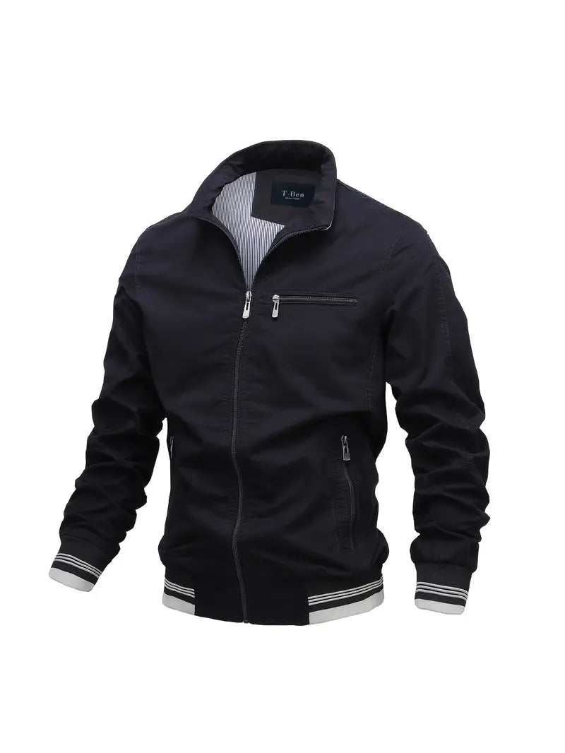 Men's Zipper Pockets Bomber Jacket, Casual Lapel Jacket For Spring Fall