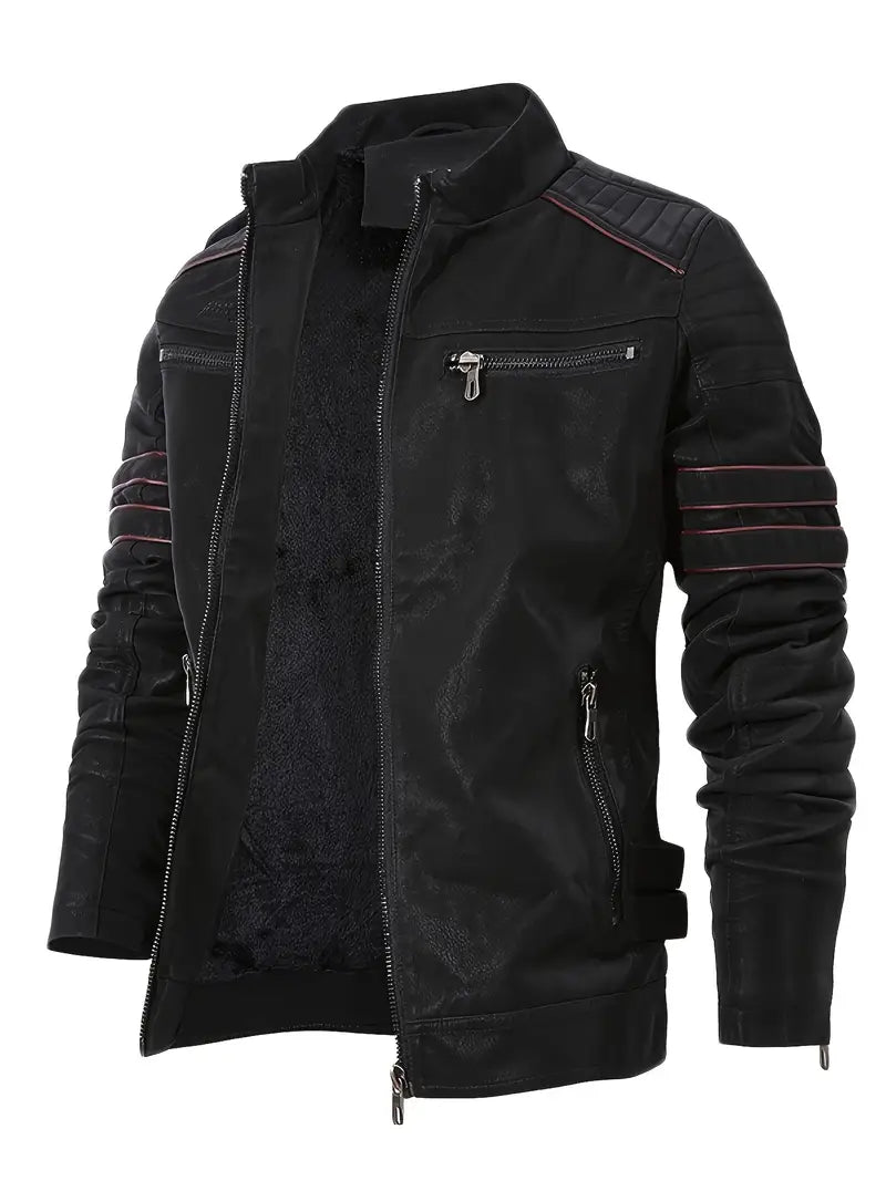 Men's PU Leather Jacket, Casual Stand Collar Biker Jacket With Zipper Pockets