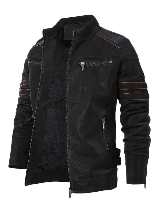 Men's PU Leather Jacket, Casual Stand Collar Biker Jacket With Zipper Pockets