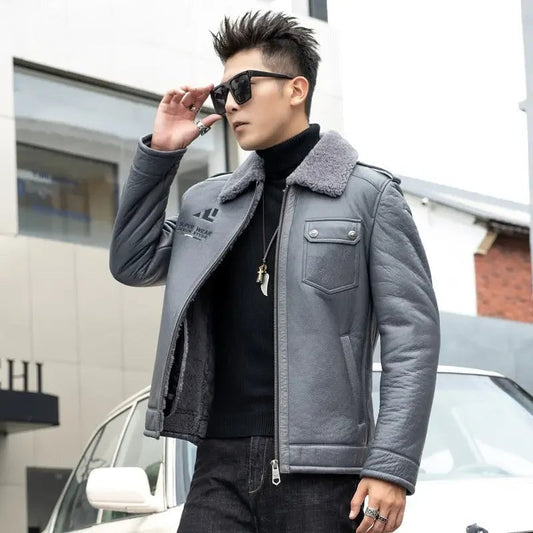 Teezify Men’s Genuine Leather Sheepskin Fur Motorcycle Jacket – Rugged & Luxurious