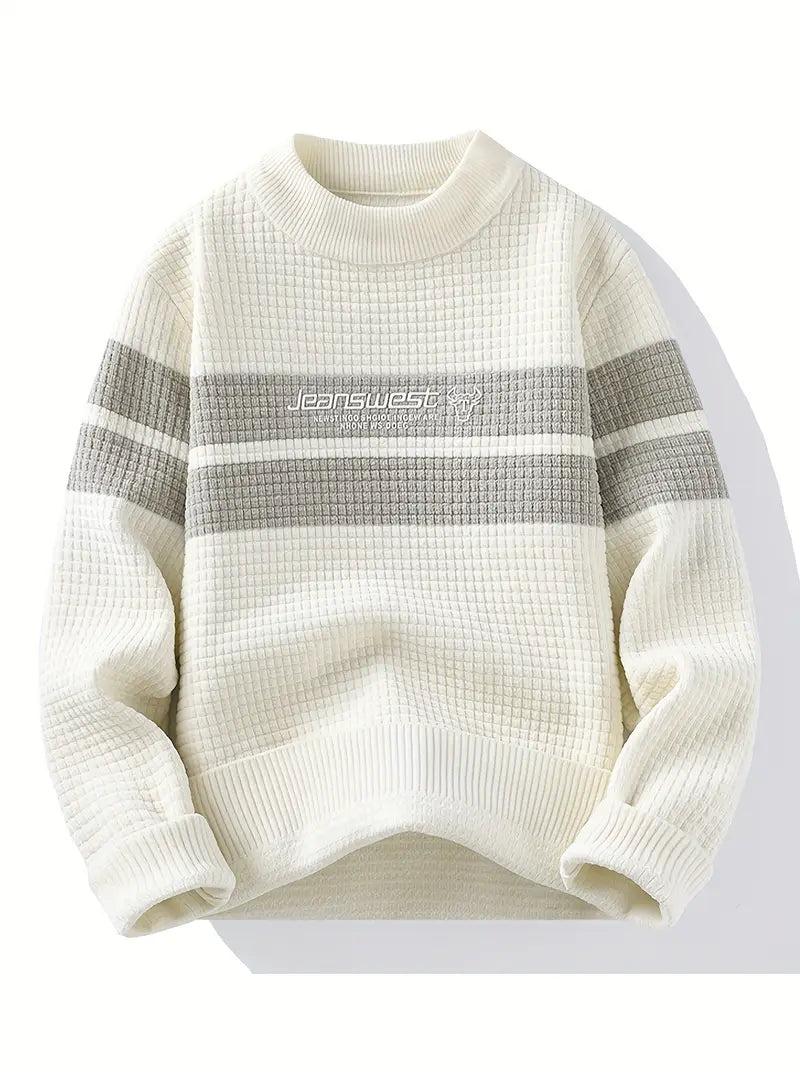 Teezify Textured Knit Sweater – Unisex Cream & Gray Block Stripe