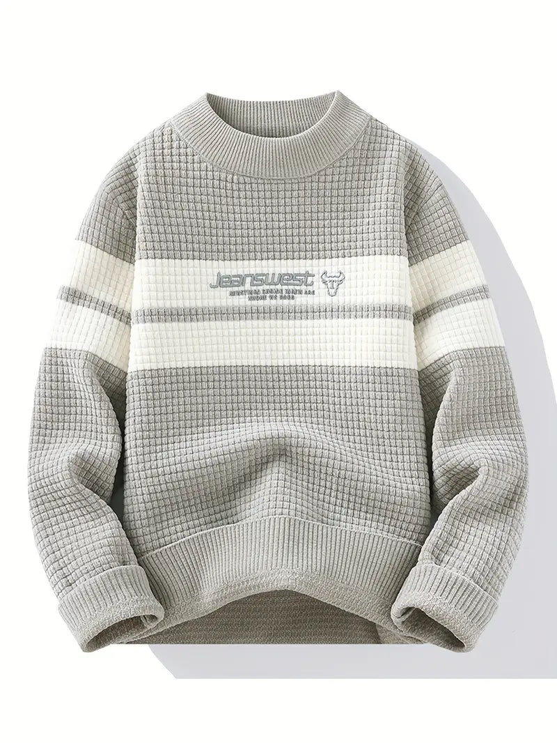 Teezify Textured Knit Sweater – Unisex Cream & Gray Block Stripe