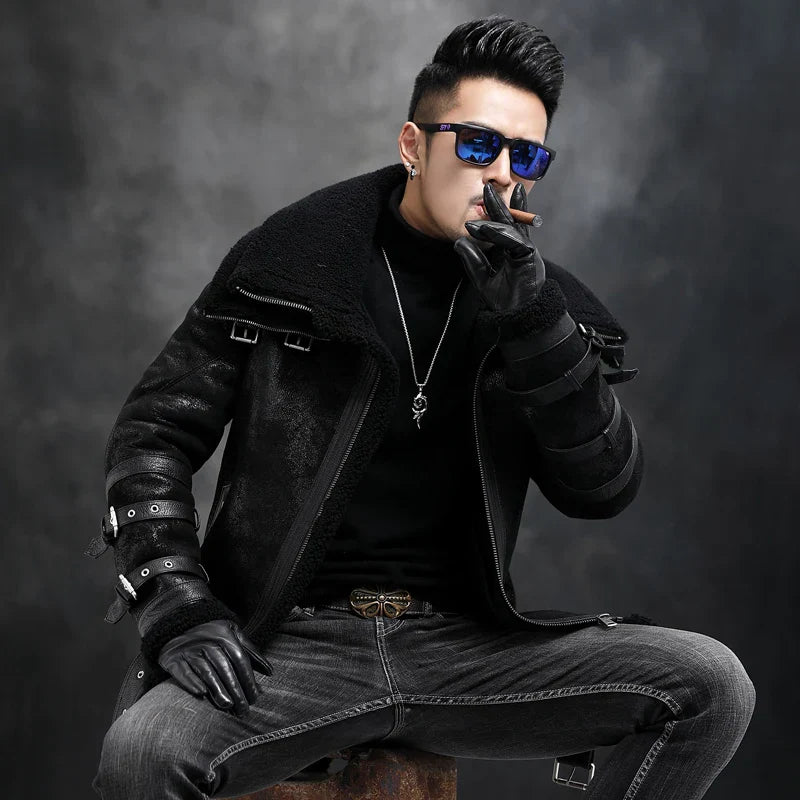 Teezify Men’s Genuine Leather Sheepskin Fur Motorcycle Jacket – Classic Aviator Style